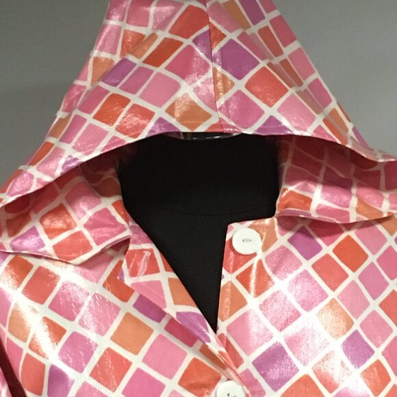 Pink Geometric Waterproof Button Up Raincoat with Hood - Picture 5 of 8